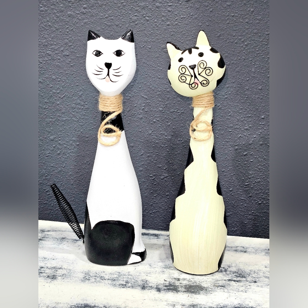 Cat Figurines L/2 Folk Art Hand Crafted Wood Quirky Home Decor 11" Tall Fabulous